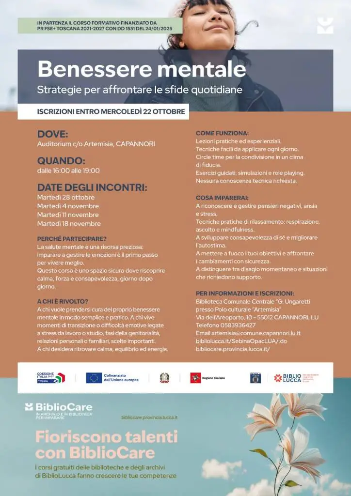 Inizia a Capannori il corso gratuito 'Benessere mentale: strategie per affrontare le sfide quotidiane'