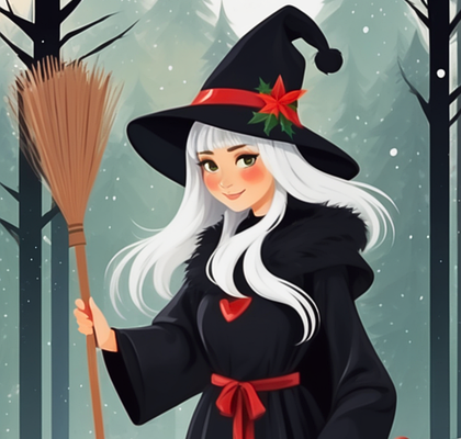 disegno che raffigura la Befana come una ragazza carina con i capelli bianchi, il cappello apunta e la scopa in un bosco d