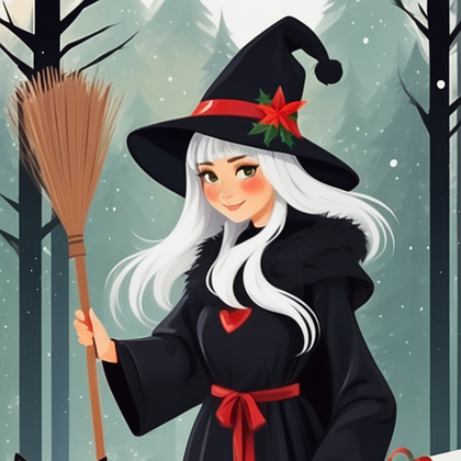 disegno che raffigura la Befana come una ragazza carina con i capelli bianchi, il cappello apunta e la scopa in un bosco d