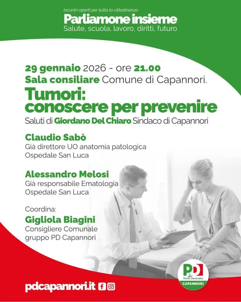 ‘Tumori: conoscere per prevenire’: appuntamento con il Pd in sala consiliare di Capannori