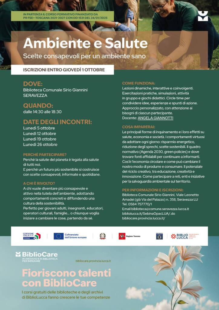 Locandina del corso Ambiente e salute alla Biblioteca Sirio Giannini di Seravezza