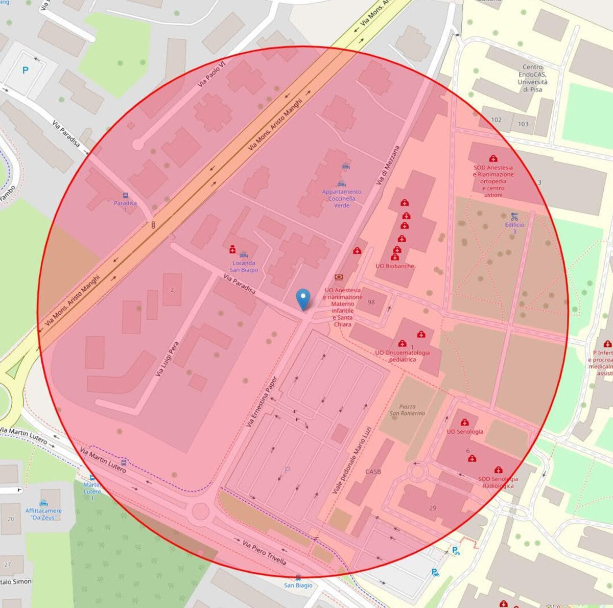 Mappa della zona di disinfestazione a Cisanello, via Paradisa