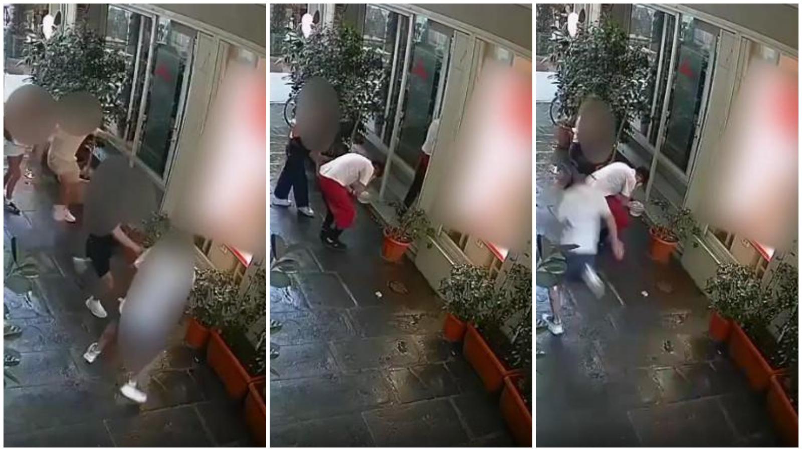 Sequenza di tre fotogrammi dalle telecamere: la rapina in piazza della Repubblica a Firenze, volti oscurati.