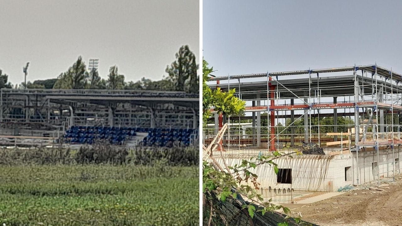 Cantiere a Gagno: gru e primi edifici del centro sportivo del Pisa Sporting Club