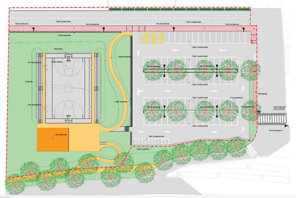 Planimetria del campo da basket, delle gradinate e del parcheggio previsti tra via Maccatella e viale delle Piagge a Pisa