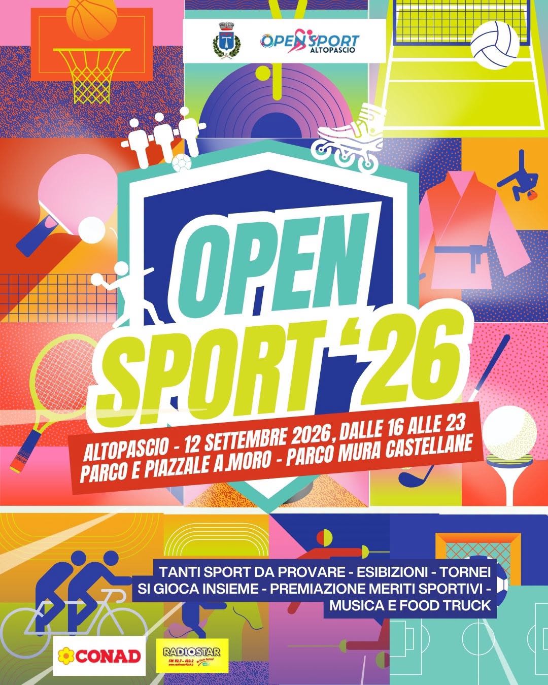 Locandina di Open Sport 2026 ad Altopascio: sabato 12 settembre dalle 16 alle 23 al parco Aldo Moro e alle Mura Castellane.