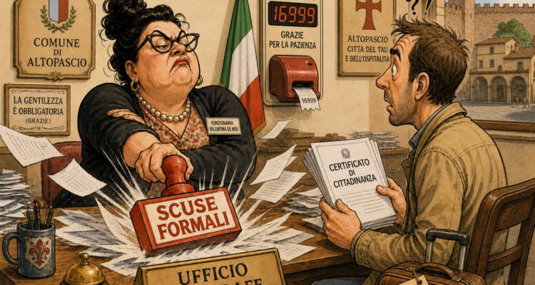 Vignetta satirica: una funzionaria dell'anagrafe timbra SCUSE FORMALI mentre un cittadino AIRE chiede un certificato di cittadinanza
