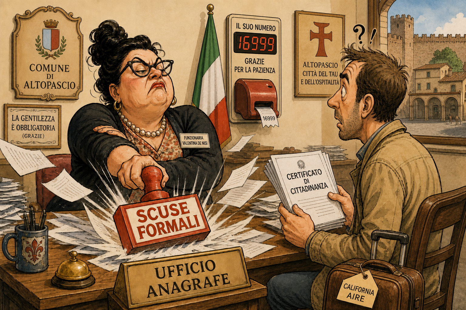 Vignetta satirica: una funzionaria dell'anagrafe timbra SCUSE FORMALI mentre un cittadino AIRE chiede un certificato di cittadinanza