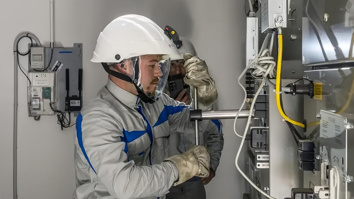 Tecnici E-Distribuzione al lavoro sul quadro elettrico dopo il guasto al presidio Tabarracci di Viareggio