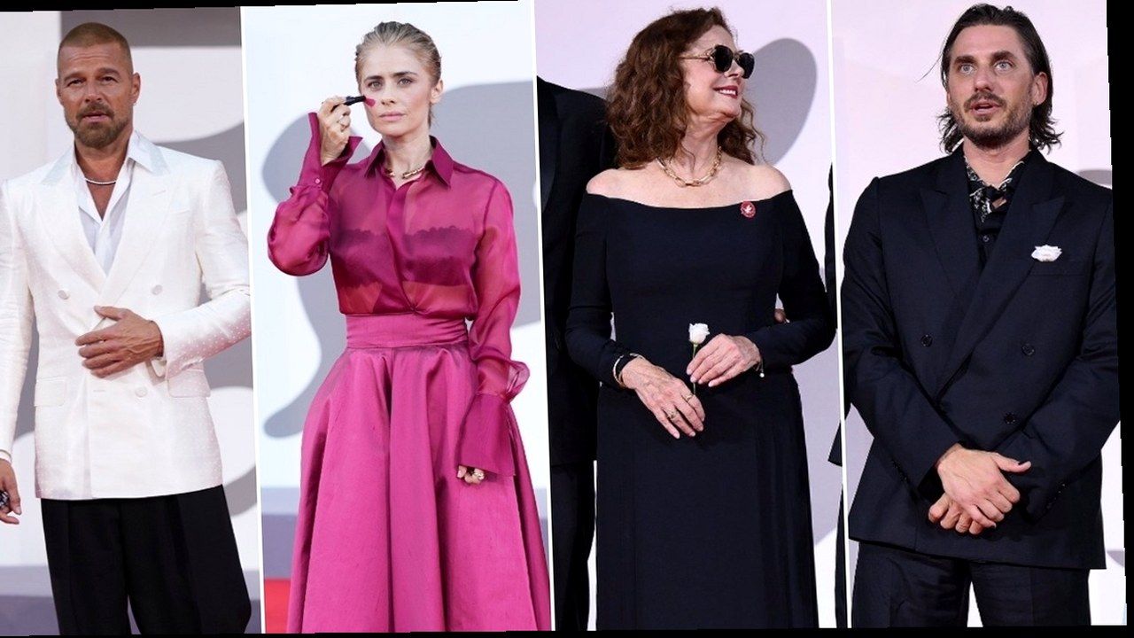 Greta Scarano, Susan Sarandon e Ricky Martin sul red carpet di Venezia 83 — inquadratura ricostruita (stessi soggetti)