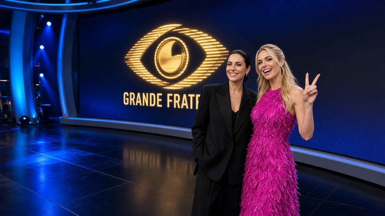 Ilary Blasi in blazer nero sul set del Grande Fratello con ospite in abito fucsia e logo occhio dietro
