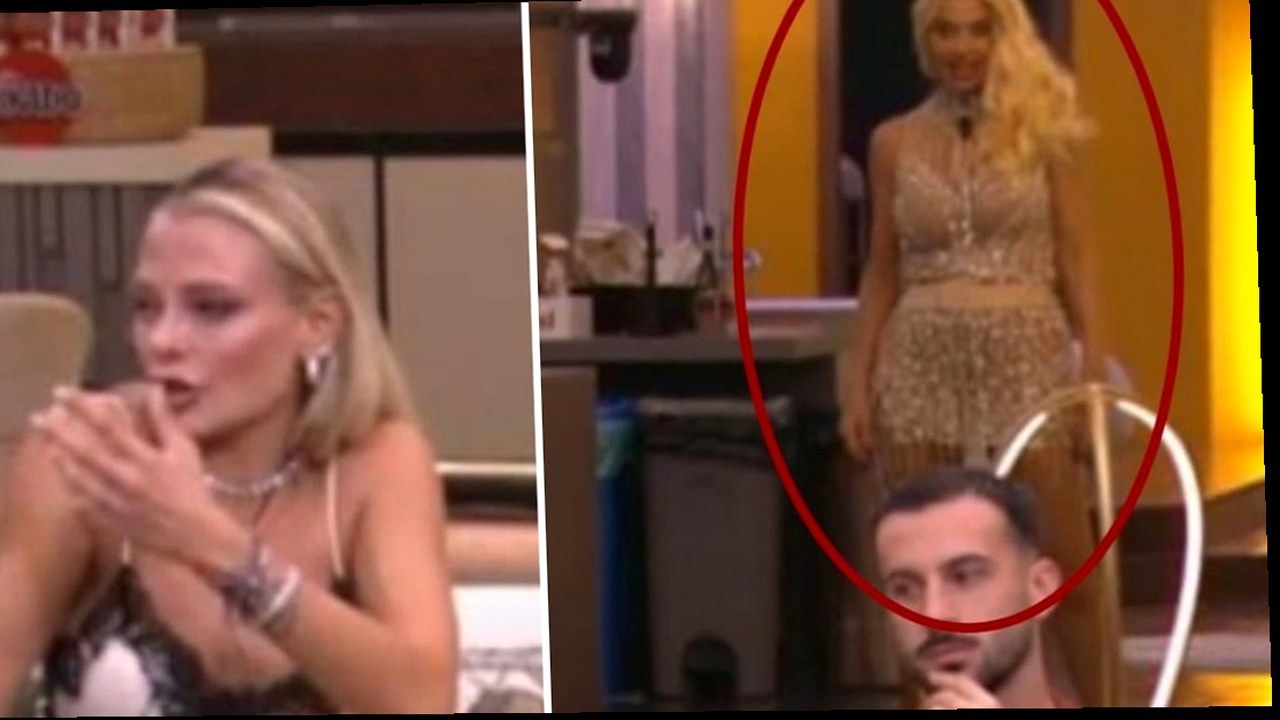 GF Vip: Giulia Provvedi in lacrime e Valeria Marini sullo sfondo — frame TV Bigodino, sola warp geometrica (volti invariati)