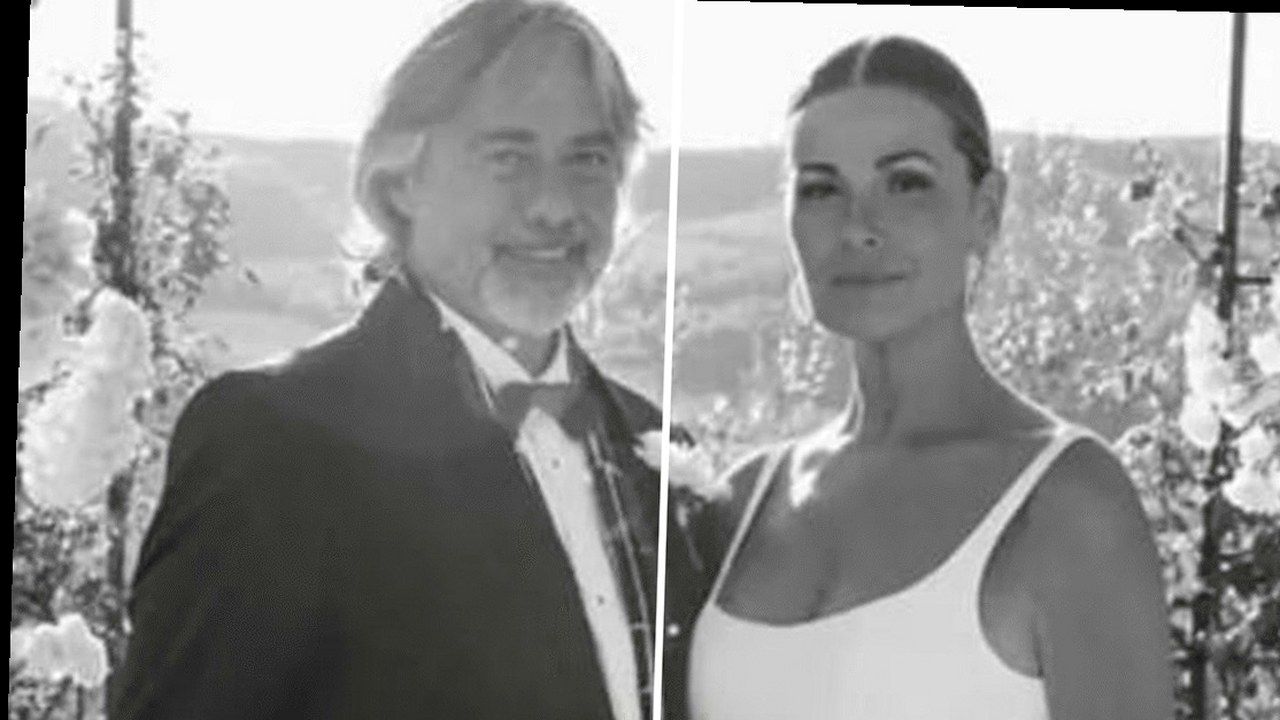 Vanessa Incontrada e Rossano Laurini nel giorno delle nozze in Chianti — stessa scena della fonte Bigodino, nuova angolazione geometrica (volti invariati)