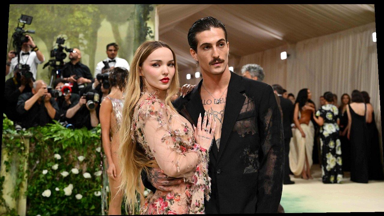 Damiano David e Dove Cameron — stessa scena ANSA/AFP, nuova angolazione e inquadratura (volti invariati)