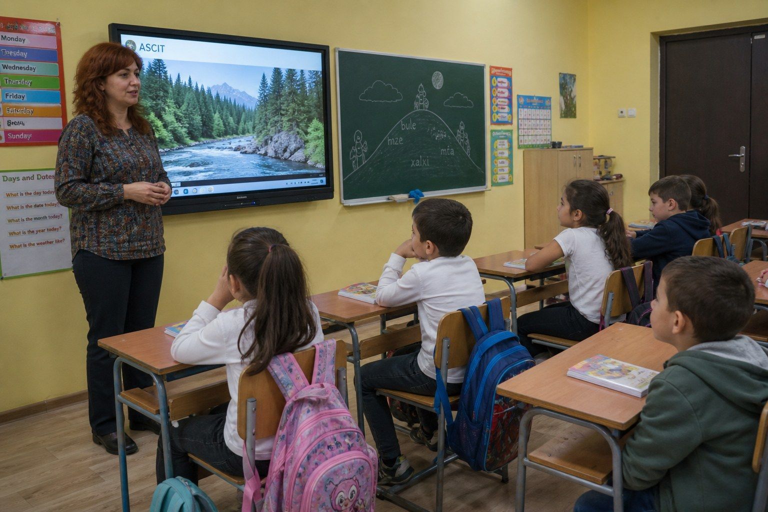 Bambini e insegnante in classe durante un laboratorio di didattica ambientale Ascit nelle scuole primarie della Piana