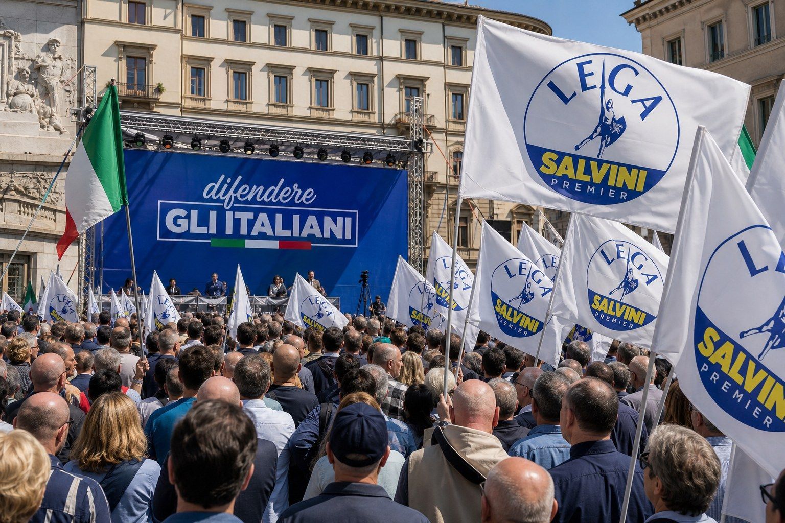 Comizio della Lega: bandiere Salvini Premier e striscione Difendere gli italiani