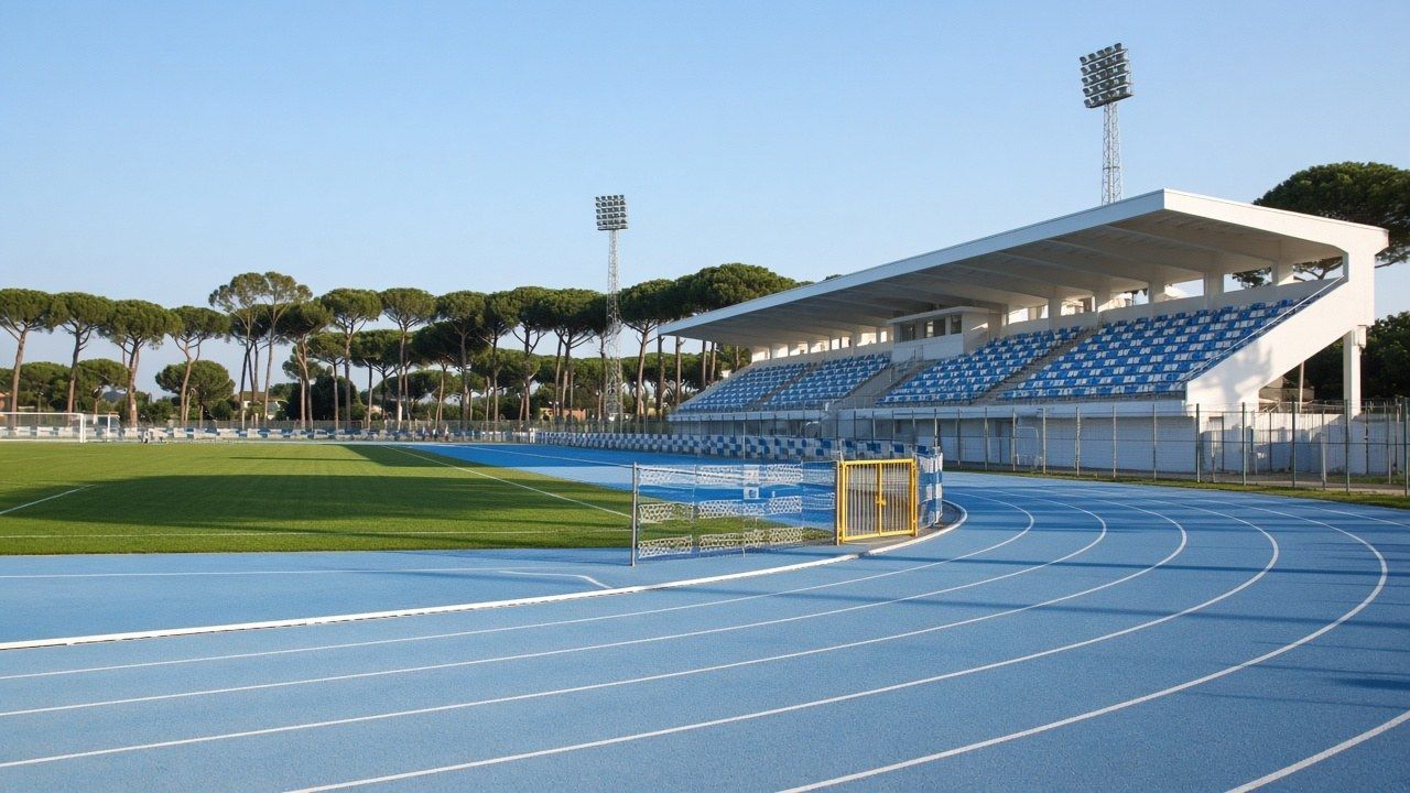 Stadio Torquato Bresciani di Viareggio, pista azzurra e tribuna bianca, pini sullo sfondo
