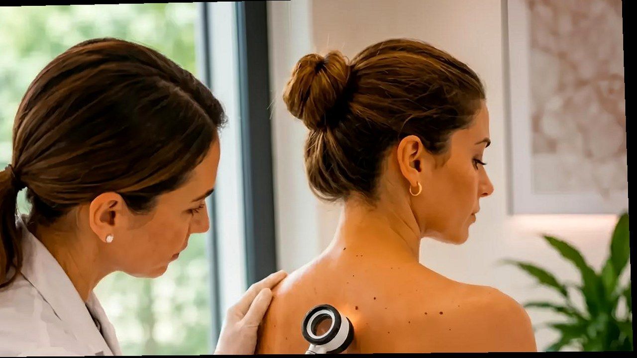 Dermatologa esamina i nei sul dorso di una paziente — stessa scena, nuova angolazione