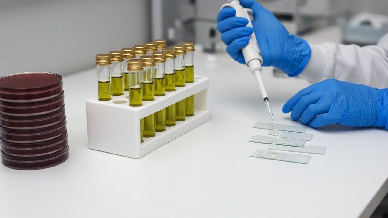 Laboratorio UniPi: mani con guanti blu, pipette e piastre di coltura