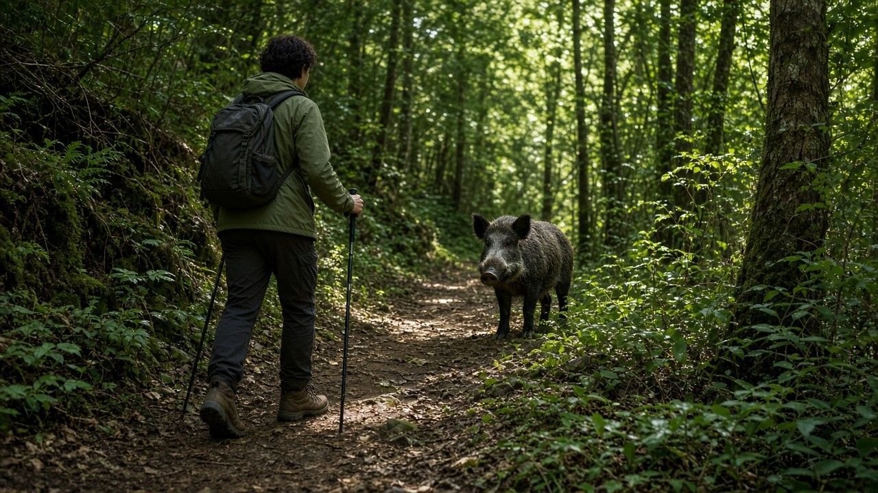 Escursionista su sentiero nel bosco con cinghiale più avanti, San Miniato