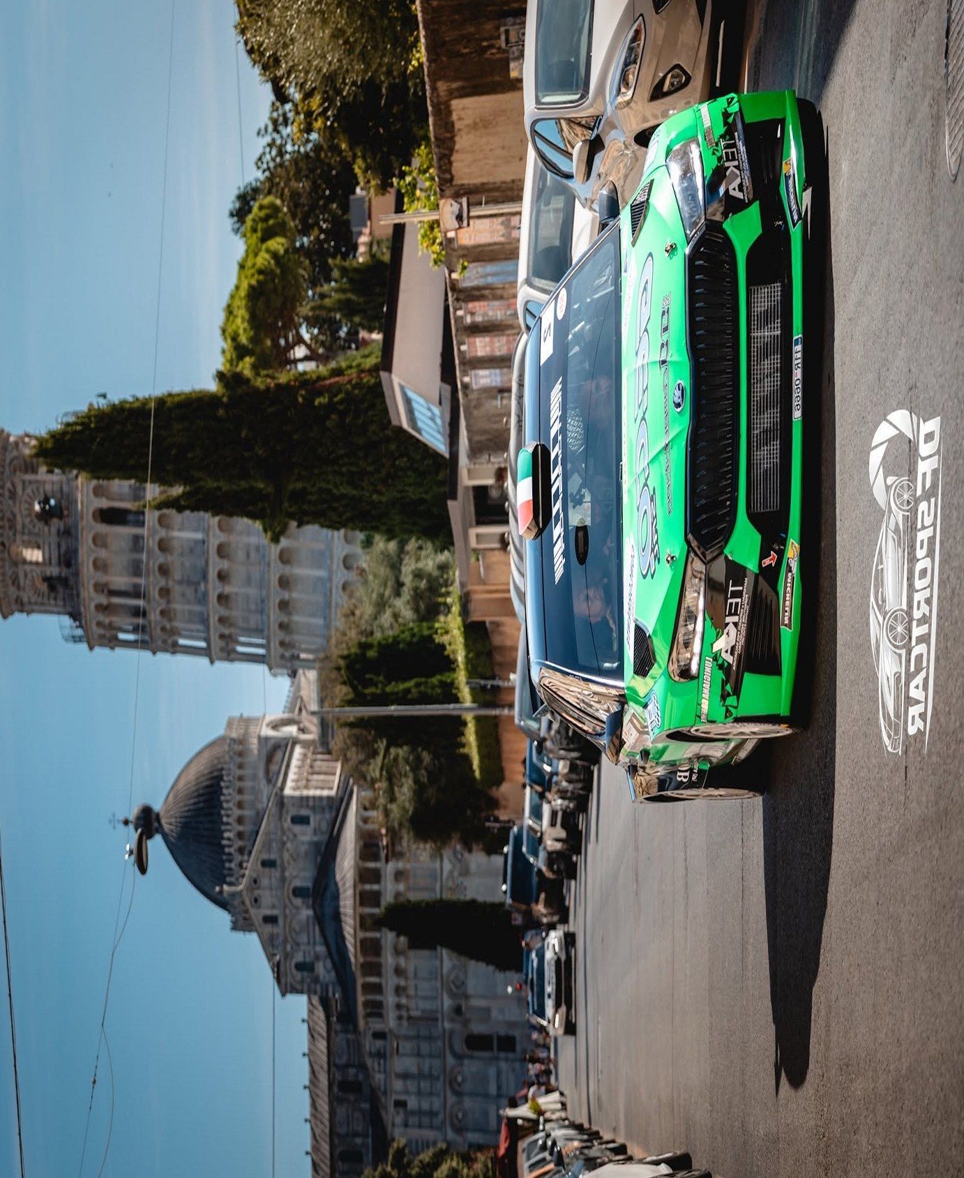 Rally car verde sotto la Torre di Pisa, Rally Casciana Terme