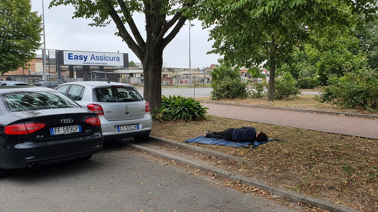 Persona su telo blu in aiuola a piazza Dalla Chiesa Pontedera, auto e albero, angolazione ricostruita