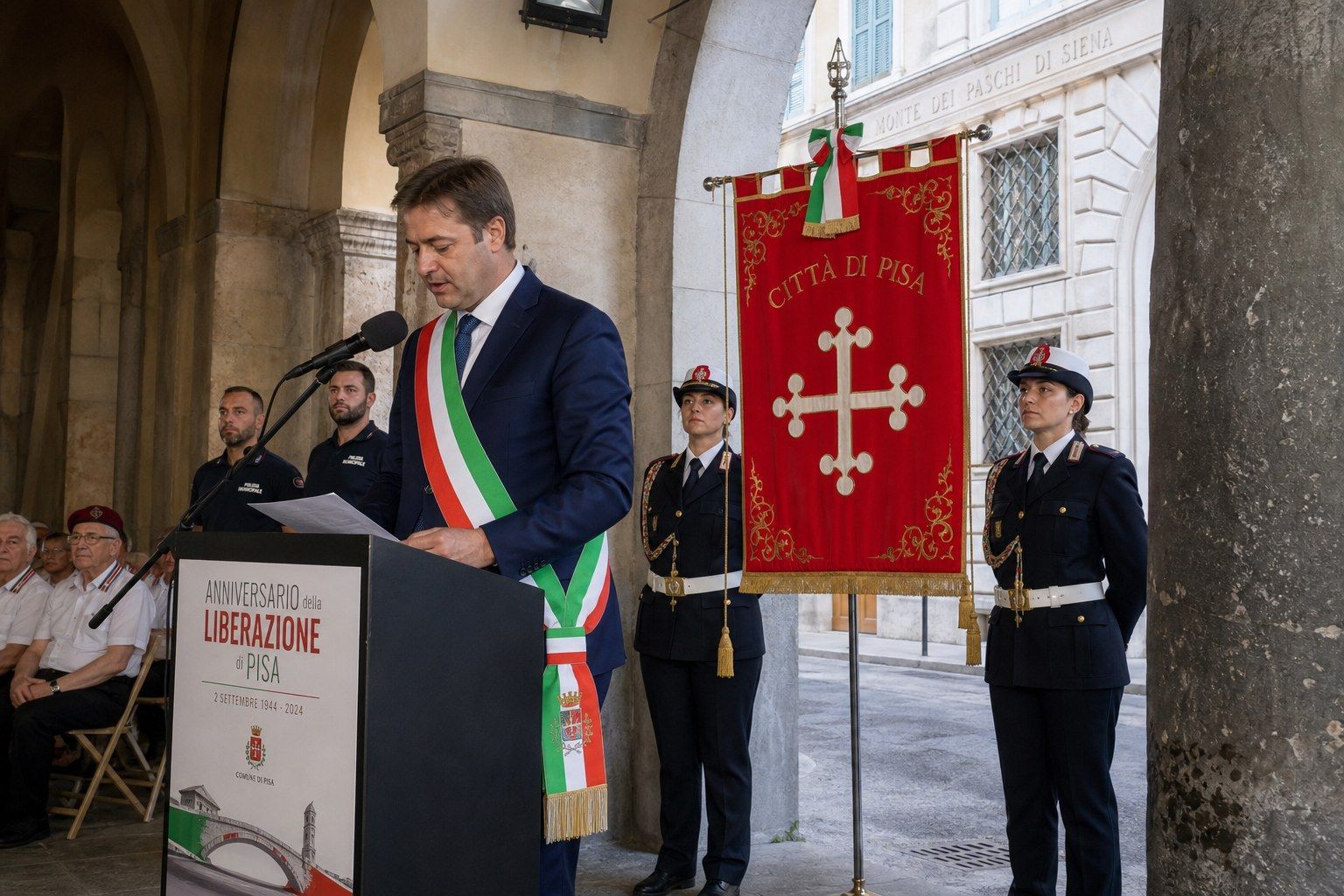 Pisa, sindaco Michele Conti alle Logge di Banchi per l’82° della Liberazione
