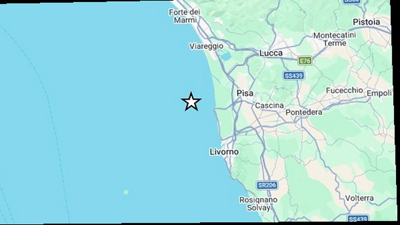 Mappa INGV: epicentro in mare sulla Costa Toscana settentrionale tra Pisa, Viareggio e Livorno