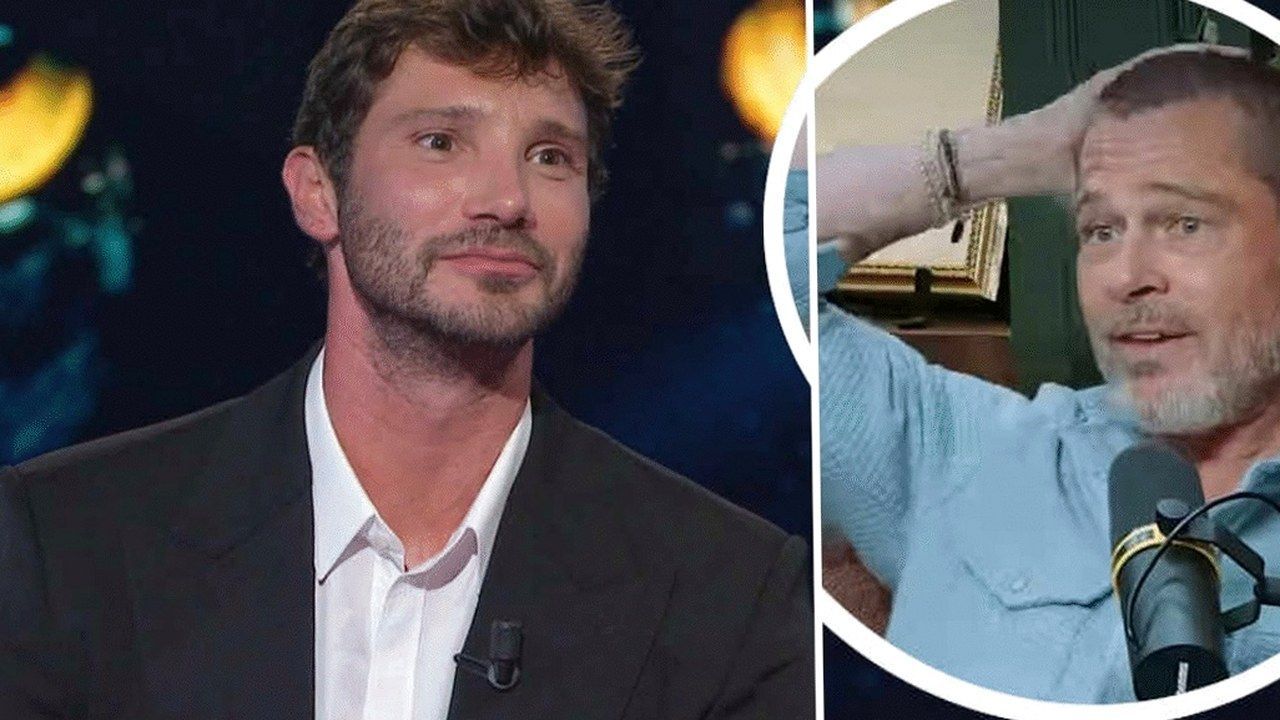 Stefano De Martino in studio e, nel riquadro, Brad Pitt al microfono durante un'intervista