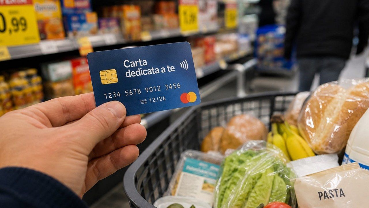 Una carta prepagata Dedicata a te mostrata davanti a un carrello della spesa