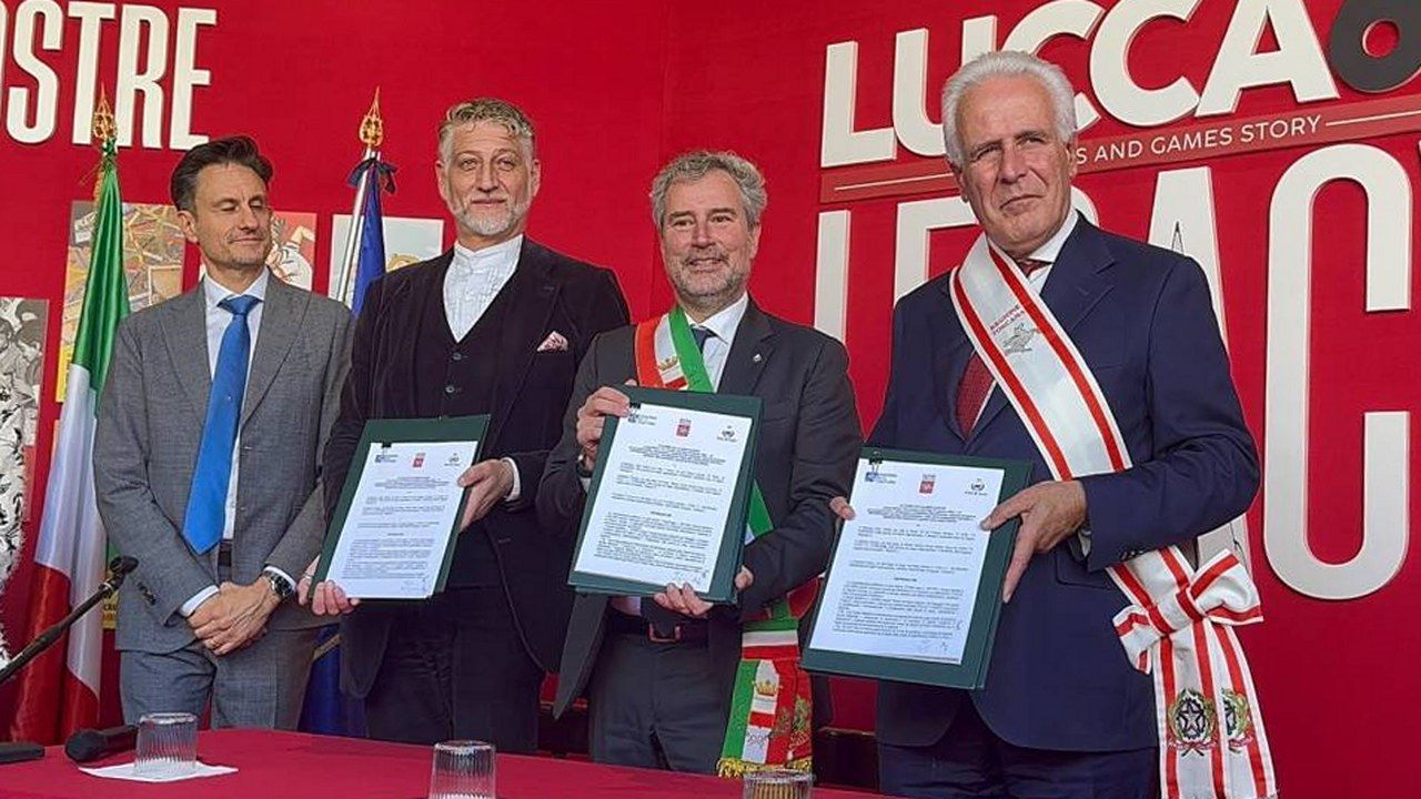 Giuli, Giani e Pardini con l'accordo firmato per il Museo del Fumetto a palazzo Guinigi, Lucca