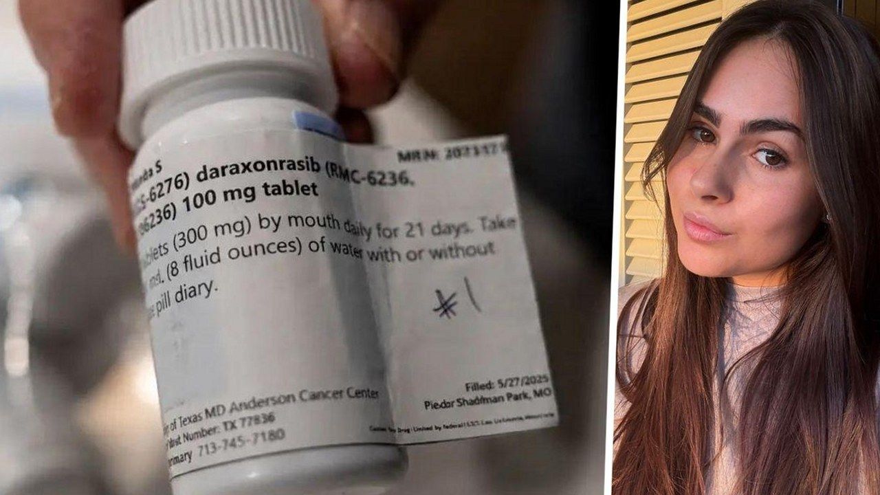 Il flacone del farmaco sperimentale Daraxonrasib accanto a Ilenia Pierotti, che chiede di poterlo ottenere per il padre malato