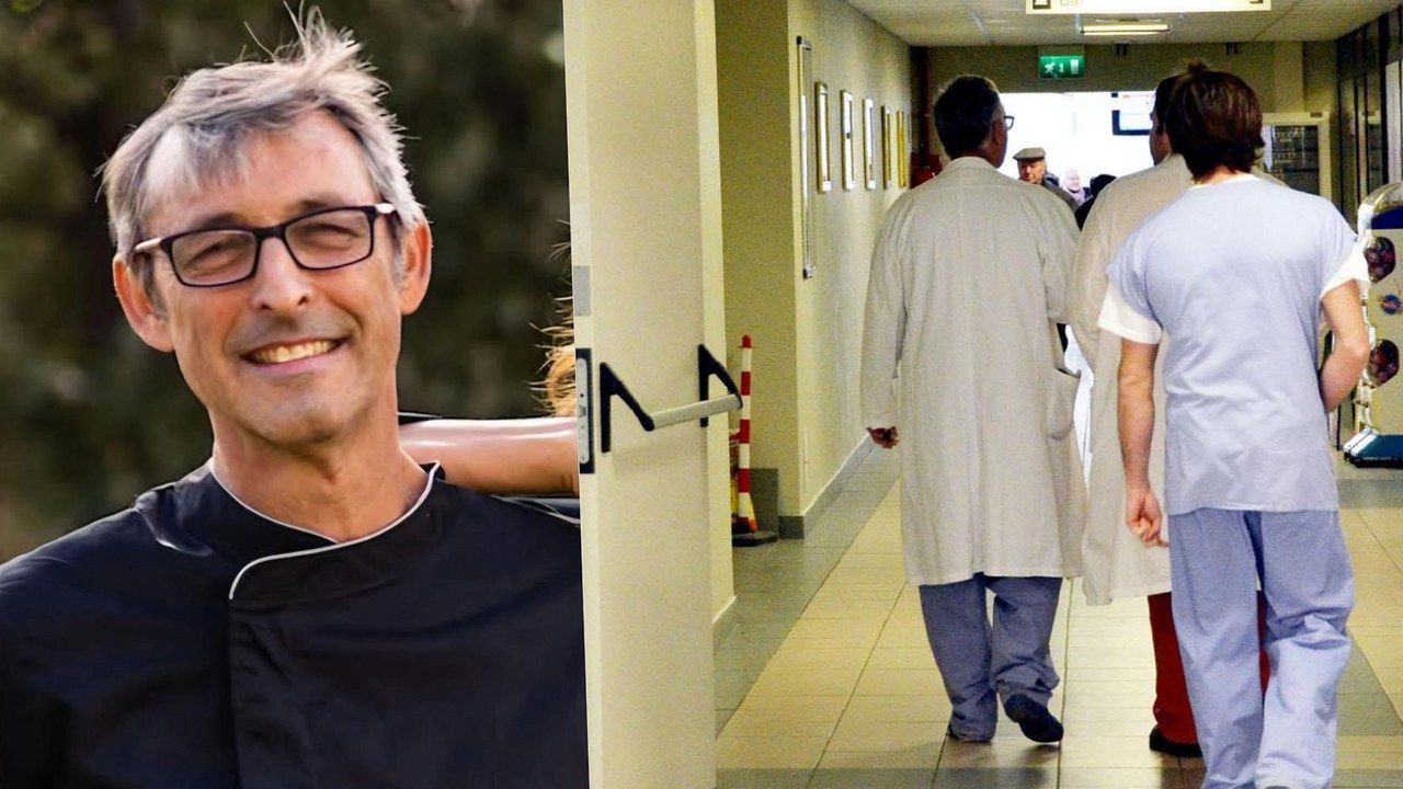 Roy Lipparelli, contitolare del ristorante-albergo Le Rotonde di Massaciuccoli, in un ritratto accanto a un corridoio d’ospedale — angolazione e inquadratura rielaborate