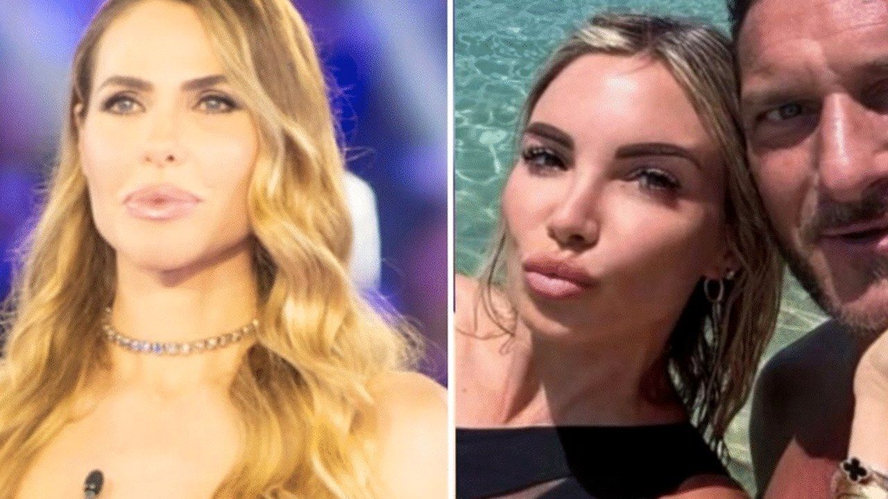 Ilary Blasi in studio e, a destra, Noemi Bocchi in un selfie con Francesco Totti