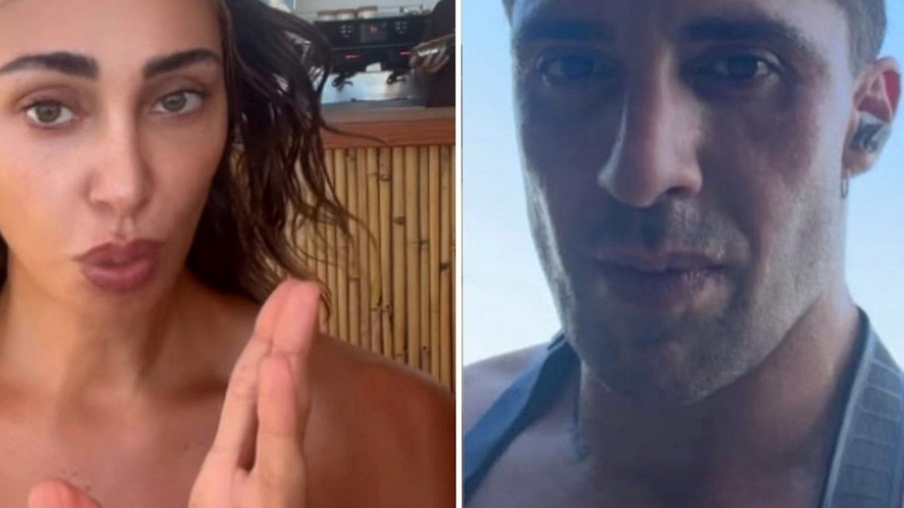 Belen Rodriguez in un video social e, a destra, Andrea Iannone in un selfie