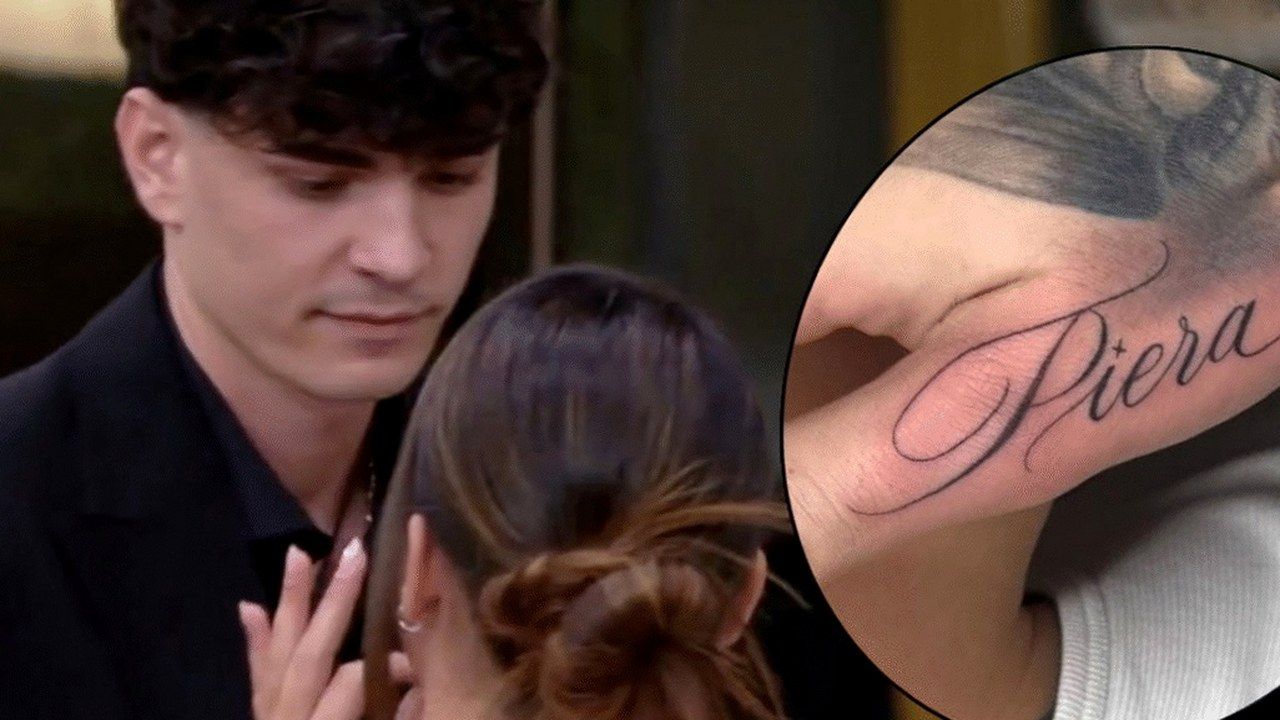 Gian Marco Ciaccia di fronte a Piera Meloni nella Casa del Grande Fratello Vip e, nel riquadro, il tatuaggio con la scritta Piera sulla mano
